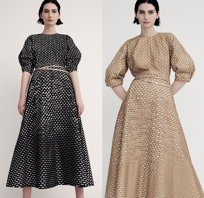 Partow 2022 Pre-Fall Autumn Womens Lookbook Presentation - Tessellation Rectangular Laser Cutout Holes Mesh Trench Coat Geometric Puff Sleeves Knit Sweater Stripes Saffron Arabian Blue Skirt Wide Leg Palazzo Pants Patchwork Pleats Noodle Strap Sleeveless Long Sleeve Shirt Blouse