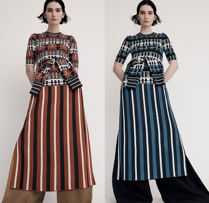 Partow 2022 Pre-Fall Autumn Womens Lookbook Presentation - Tessellation Rectangular Laser Cutout Holes Mesh Trench Coat Geometric Puff Sleeves Knit Sweater Stripes Saffron Arabian Blue Skirt Wide Leg Palazzo Pants Patchwork Pleats Noodle Strap Sleeveless Long Sleeve Shirt Blouse