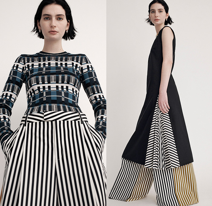 Partow 2022 Pre-Fall Autumn Womens Lookbook Presentation - Tessellation Rectangular Laser Cutout Holes Mesh Trench Coat Geometric Puff Sleeves Knit Sweater Stripes Saffron Arabian Blue Skirt Wide Leg Palazzo Pants Patchwork Pleats Noodle Strap Sleeveless Long Sleeve Shirt Blouse