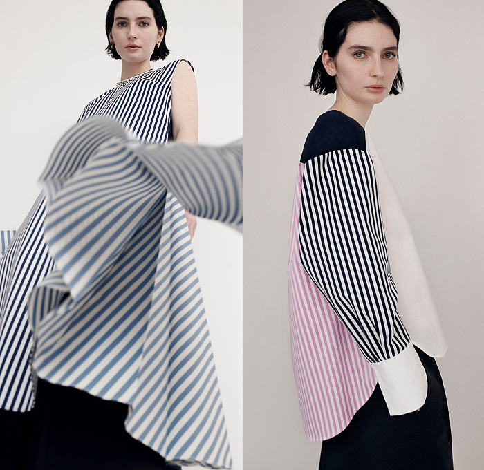 Partow 2022 Pre-Fall Autumn Womens Lookbook Presentation - Tessellation Rectangular Laser Cutout Holes Mesh Trench Coat Geometric Puff Sleeves Knit Sweater Stripes Saffron Arabian Blue Skirt Wide Leg Palazzo Pants Patchwork Pleats Noodle Strap Sleeveless Long Sleeve Shirt Blouse