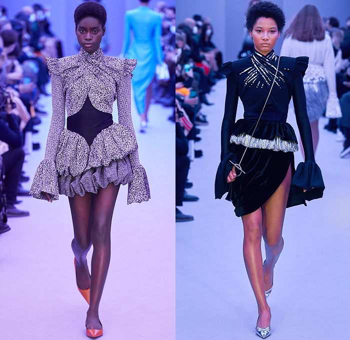 Paco Rabanne 2022-2023 Fall Autumn Winter Womens Runway Looks - Fitted Bodice Tiered Ruffles Flounces Basque Bedazzled Speckled Sequins Knit Crochet Mesh Lace Cutout Babydoll Dress Puff Ball Bell Hem Silk Satin Pleats Asymmetrical Cross Wrap Turtleneck Blouse Cardigan Poufy Shoulders Puff Sleeves Strapless Tweed Leopard Cheetah Crop Top Midriff Flowers Floral Pointed Shoes