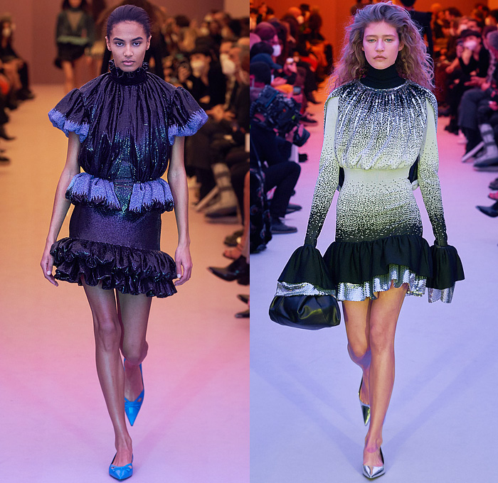 Paco Rabanne 2022-2023 Fall Autumn Winter Womens Runway Looks - Fitted Bodice Tiered Ruffles Flounces Basque Bedazzled Speckled Sequins Knit Crochet Mesh Lace Cutout Babydoll Dress Puff Ball Bell Hem Silk Satin Pleats Asymmetrical Cross Wrap Turtleneck Blouse Cardigan Poufy Shoulders Puff Sleeves Strapless Tweed Leopard Cheetah Crop Top Midriff Flowers Floral Pointed Shoes