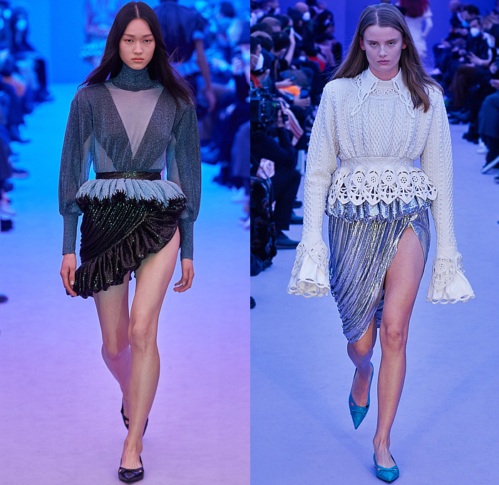 Paco Rabanne 2022-2023 Fall Autumn Winter Womens Runway Looks - Fitted Bodice Tiered Ruffles Flounces Basque Bedazzled Speckled Sequins Knit Crochet Mesh Lace Cutout Babydoll Dress Puff Ball Bell Hem Silk Satin Pleats Asymmetrical Cross Wrap Turtleneck Blouse Cardigan Poufy Shoulders Puff Sleeves Strapless Tweed Leopard Cheetah Crop Top Midriff Flowers Floral Pointed Shoes