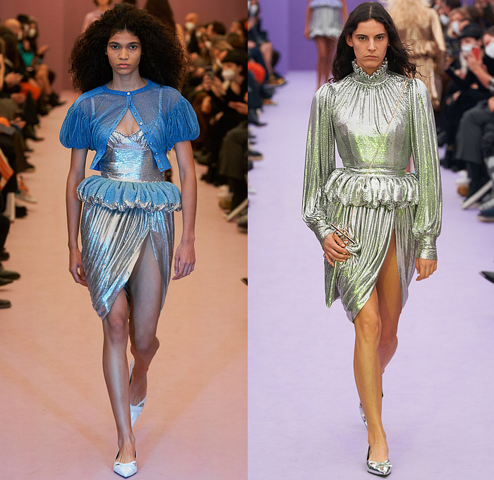 Paco Rabanne 2022-2023 Fall Autumn Winter Womens Runway Looks - Fitted Bodice Tiered Ruffles Flounces Basque Bedazzled Speckled Sequins Knit Crochet Mesh Lace Cutout Babydoll Dress Puff Ball Bell Hem Silk Satin Pleats Asymmetrical Cross Wrap Turtleneck Blouse Cardigan Poufy Shoulders Puff Sleeves Strapless Tweed Leopard Cheetah Crop Top Midriff Flowers Floral Pointed Shoes