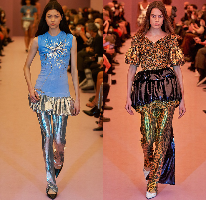 Paco Rabanne 2022-2023 Fall Autumn Winter Womens Runway Looks - Fitted Bodice Tiered Ruffles Flounces Basque Bedazzled Speckled Sequins Knit Crochet Mesh Lace Cutout Babydoll Dress Puff Ball Bell Hem Silk Satin Pleats Asymmetrical Cross Wrap Turtleneck Blouse Cardigan Poufy Shoulders Puff Sleeves Strapless Tweed Leopard Cheetah Crop Top Midriff Flowers Floral Pointed Shoes