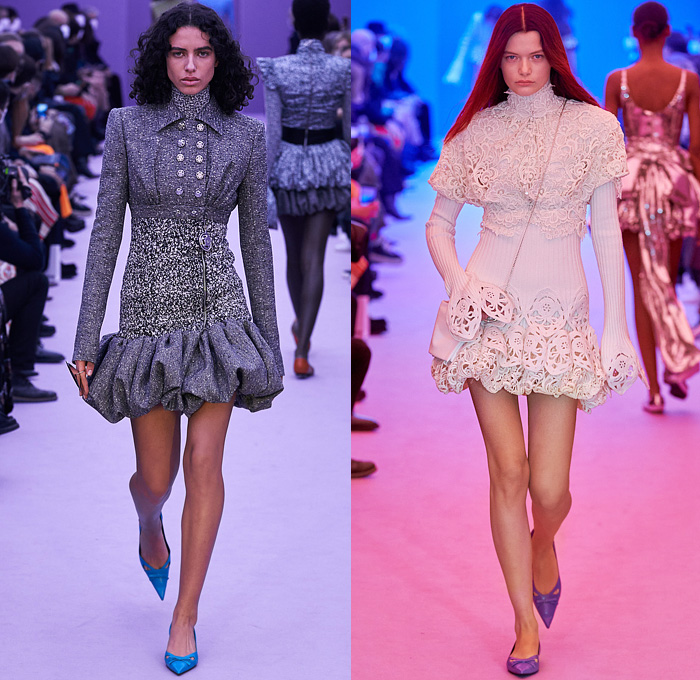 Paco Rabanne 2022-2023 Fall Autumn Winter Womens Runway Looks - Fitted Bodice Tiered Ruffles Flounces Basque Bedazzled Speckled Sequins Knit Crochet Mesh Lace Cutout Babydoll Dress Puff Ball Bell Hem Silk Satin Pleats Asymmetrical Cross Wrap Turtleneck Blouse Cardigan Poufy Shoulders Puff Sleeves Strapless Tweed Leopard Cheetah Crop Top Midriff Flowers Floral Pointed Shoes