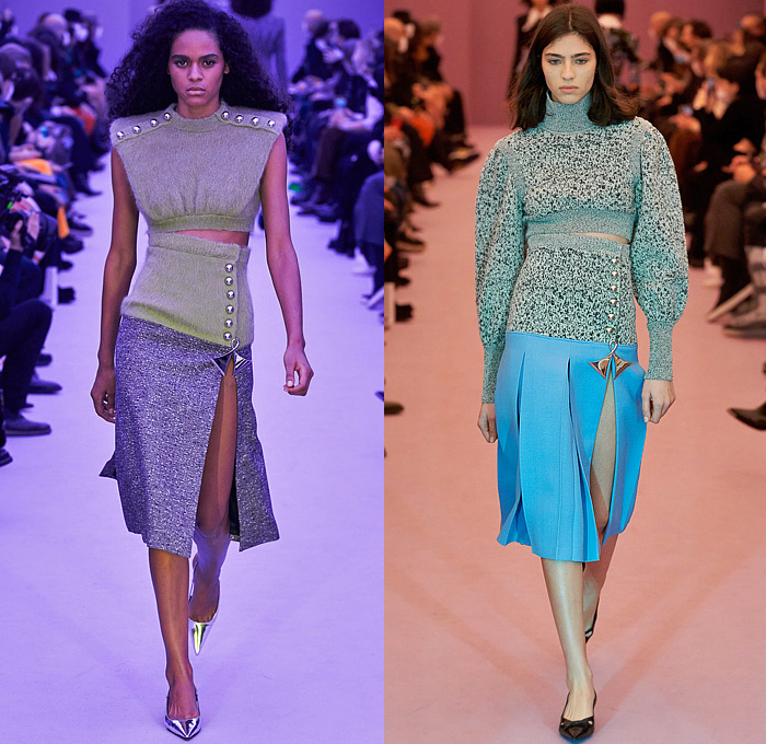 Paco Rabanne 2022-2023 Fall Autumn Winter Womens Runway Looks - Fitted Bodice Tiered Ruffles Flounces Basque Bedazzled Speckled Sequins Knit Crochet Mesh Lace Cutout Babydoll Dress Puff Ball Bell Hem Silk Satin Pleats Asymmetrical Cross Wrap Turtleneck Blouse Cardigan Poufy Shoulders Puff Sleeves Strapless Tweed Leopard Cheetah Crop Top Midriff Flowers Floral Pointed Shoes