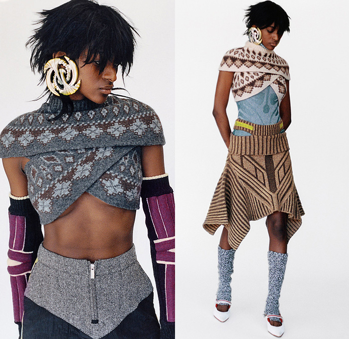 Paolina Russo 2022-2023 Fall Autumn Winter Womens Lookbook Presentation - Relics Knit Knitwear Geometric Tribal Fair Isle Oversleeve Cross Wrap Crop Top Midriff Arm Warmers Herringbone Ribbed Stripes Draped Cutout Skirt Turtleneck Patchwork Socks Leg Warmers Tights Bralette Laces Bodycon Dress Drawstring Bustier Cardigan Onesie Catsuit Jumpsuit Unitard Coveralls