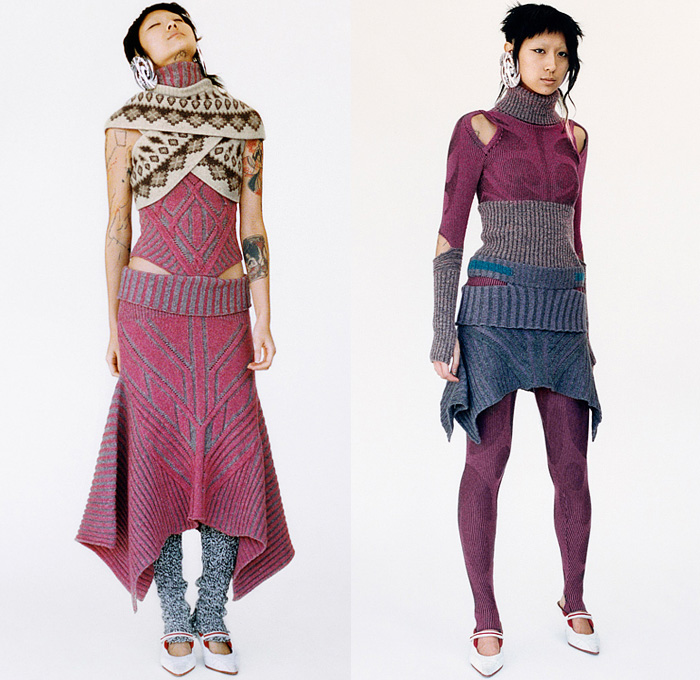 Paolina Russo 2022-2023 Fall Autumn Winter Womens Lookbook Presentation - Relics Knit Knitwear Geometric Tribal Fair Isle Oversleeve Cross Wrap Crop Top Midriff Arm Warmers Herringbone Ribbed Stripes Draped Cutout Skirt Turtleneck Patchwork Socks Leg Warmers Tights Bralette Laces Bodycon Dress Drawstring Bustier Cardigan Onesie Catsuit Jumpsuit Unitard Coveralls