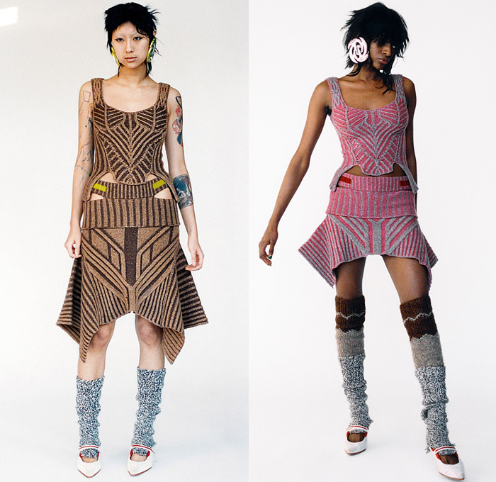 Paolina Russo 2022-2023 Fall Autumn Winter Womens Lookbook Presentation - Relics Knit Knitwear Geometric Tribal Fair Isle Oversleeve Cross Wrap Crop Top Midriff Arm Warmers Herringbone Ribbed Stripes Draped Cutout Skirt Turtleneck Patchwork Socks Leg Warmers Tights Bralette Laces Bodycon Dress Drawstring Bustier Cardigan Onesie Catsuit Jumpsuit Unitard Coveralls