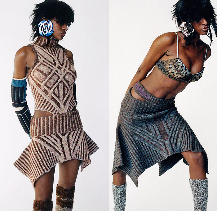 Paolina Russo 2022-2023 Fall Autumn Winter Womens Lookbook Presentation - Relics Knit Knitwear Geometric Tribal Fair Isle Oversleeve Cross Wrap Crop Top Midriff Arm Warmers Herringbone Ribbed Stripes Draped Cutout Skirt Turtleneck Patchwork Socks Leg Warmers Tights Bralette Laces Bodycon Dress Drawstring Bustier Cardigan Onesie Catsuit Jumpsuit Unitard Coveralls