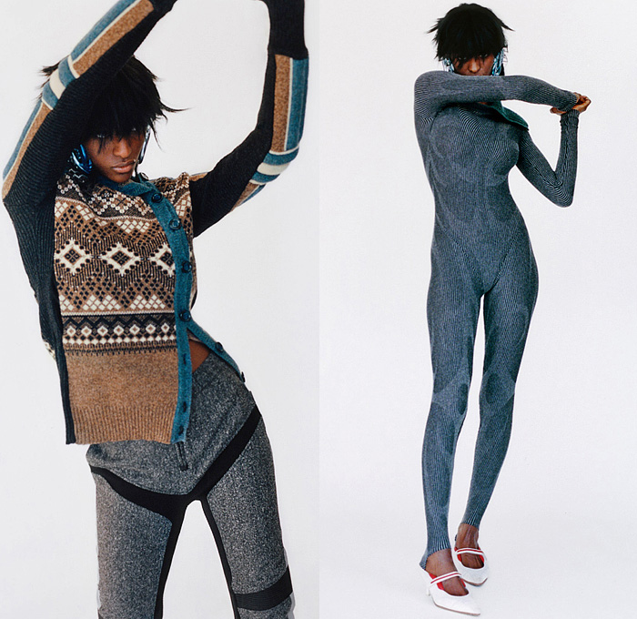 Paolina Russo 2022-2023 Fall Autumn Winter Womens Lookbook Presentation - Relics Knit Knitwear Geometric Tribal Fair Isle Oversleeve Cross Wrap Crop Top Midriff Arm Warmers Herringbone Ribbed Stripes Draped Cutout Skirt Turtleneck Patchwork Socks Leg Warmers Tights Bralette Laces Bodycon Dress Drawstring Bustier Cardigan Onesie Catsuit Jumpsuit Unitard Coveralls