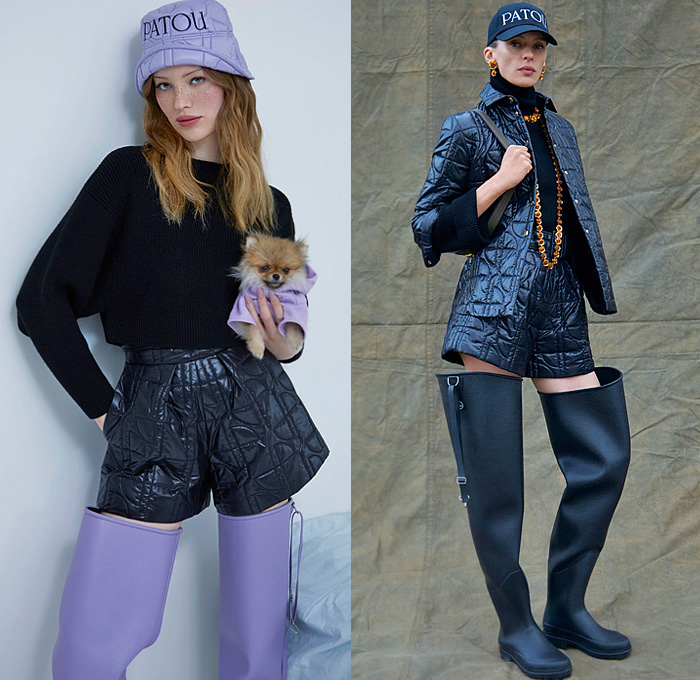 Patou 2022-2023 Fall Autumn Winter Womens Lookbook Presentation - Paris Fashion Week Femme PFW - Knit Cap Beanie Bucket Hat Sweater Hoodie Sweatshirt Crop Top Midriff Trench Coat Cargo Pockets Parka Anorak Windbreaker Drawstring Quilted Puffer Vest Turtleneck Dress Pastels Onesie Unitard Playsuit Combishorts Romper Flowers Floral Stripes Embroidery Puritan Collar Poufy Shoulders Puff Sleeves Bicycle Shorts Wide Leg Palazzo Pants Flare Miniskirt Handbag Tote Galoshes Mud Boots Dog