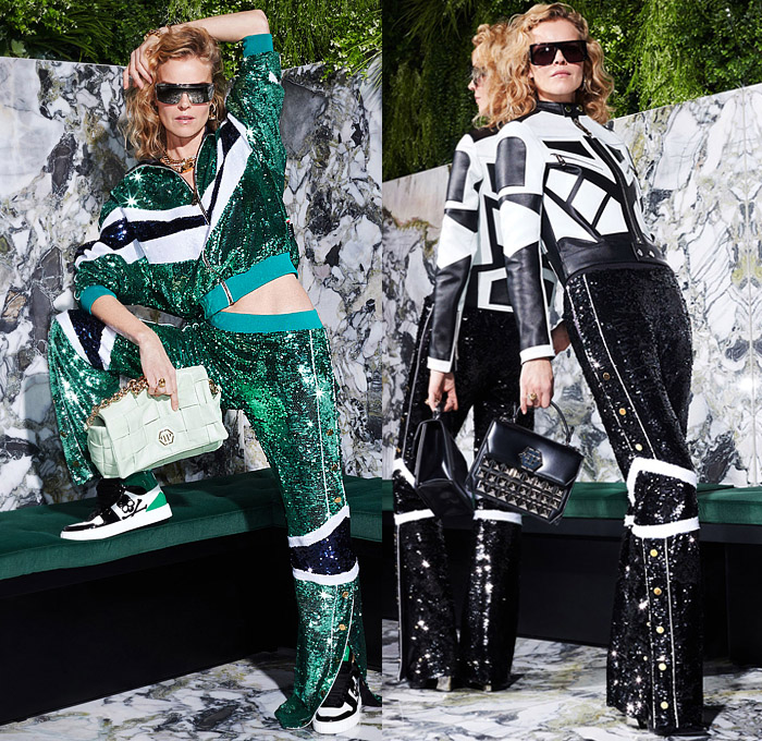 Philipp Plein 2022 Pre-Fall Autumn Womens Lookbook Presentation - Eva Herzigova - Party Cocktail Dress Fur Plush Coat Metallic Gold Studs Knit Sweater Drawings Graffiti Skull Eyes Street Art Trackwear Bedazzled Embroidery Sequins Biker Motorcycle Jacket Quilted Puffer Parka Chain Leopard Cheetah Zebra Stripes Sheer Ruffles Acid Wash Bleached Denim Jeans Gown Cutout High Tops Sneakers Handbag Thigh High Boots