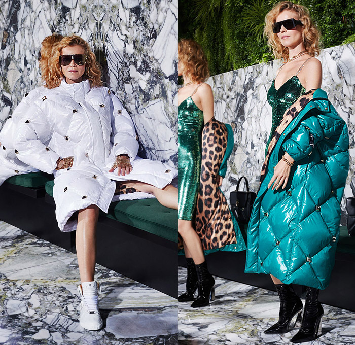 Philipp Plein 2022 Pre-Fall Autumn Womens Lookbook Presentation - Eva Herzigova - Party Cocktail Dress Fur Plush Coat Metallic Gold Studs Knit Sweater Drawings Graffiti Skull Eyes Street Art Trackwear Bedazzled Embroidery Sequins Biker Motorcycle Jacket Quilted Puffer Parka Chain Leopard Cheetah Zebra Stripes Sheer Ruffles Acid Wash Bleached Denim Jeans Gown Cutout High Tops Sneakers Handbag Thigh High Boots