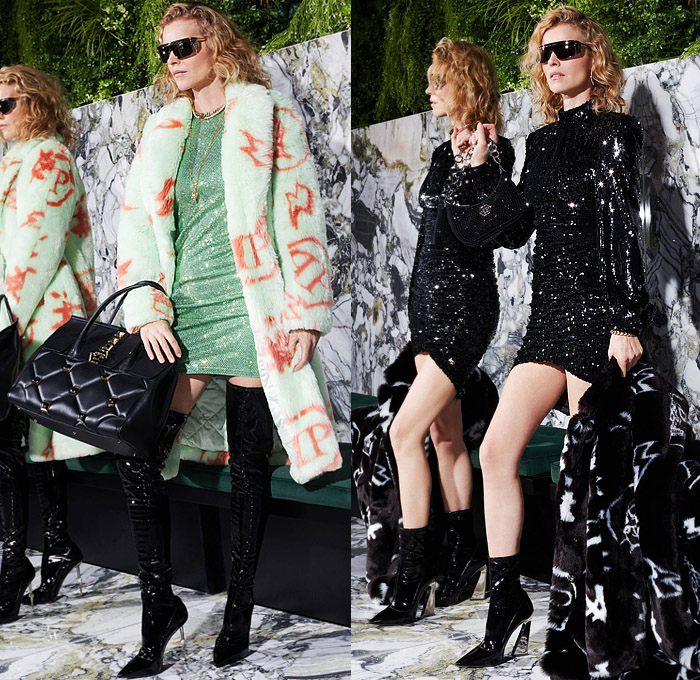 Philipp Plein 2022 Pre-Fall Autumn Womens Lookbook Presentation - Eva Herzigova - Party Cocktail Dress Fur Plush Coat Metallic Gold Studs Knit Sweater Drawings Graffiti Skull Eyes Street Art Trackwear Bedazzled Embroidery Sequins Biker Motorcycle Jacket Quilted Puffer Parka Chain Leopard Cheetah Zebra Stripes Sheer Ruffles Acid Wash Bleached Denim Jeans Gown Cutout High Tops Sneakers Handbag Thigh High Boots