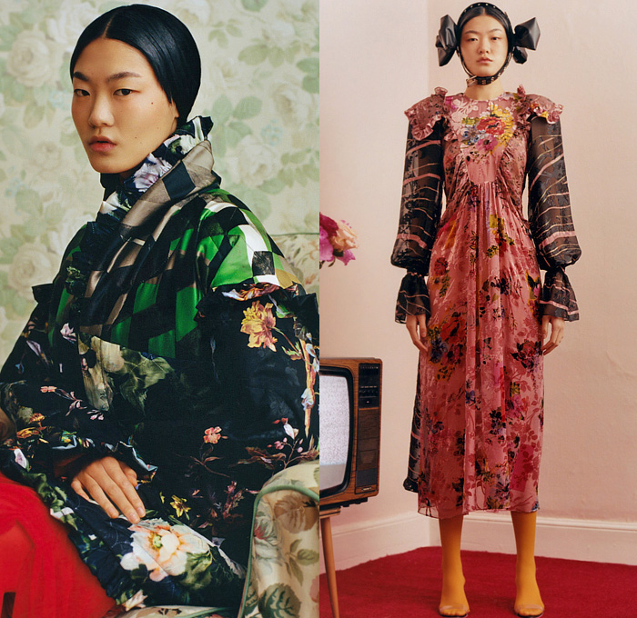 Preen by Thornton Bregazzi 2022 Pre-Fall Autumn Womens Lookbook Presentation - Quilted Puffer Eiderdown Trench Coat Patchwork Flowers Floral Plaid Harlequin Check Ruffles Sheer Tulle Maxi Prairie Damsel Peasant Babydoll Dress Trinkets Bedazzled Adorned Crystals Beads Gold Sequins Cinch Shirtdress Asymmetrical Draped Knit Sweaterdress Wide Leg Palazzo Pants Headband Belt Bow