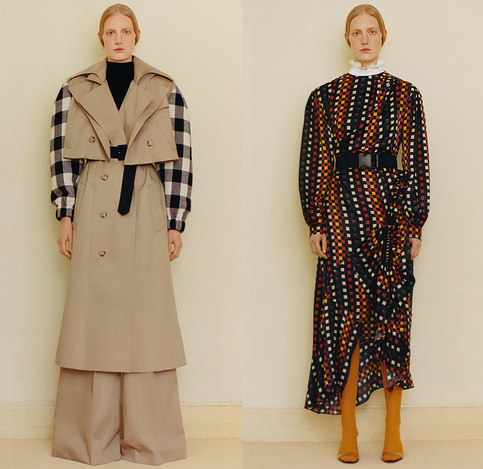 Preen by Thornton Bregazzi 2022 Pre-Fall Autumn Womens Lookbook Presentation - Quilted Puffer Eiderdown Trench Coat Patchwork Flowers Floral Plaid Harlequin Check Ruffles Sheer Tulle Maxi Prairie Damsel Peasant Babydoll Dress Trinkets Bedazzled Adorned Crystals Beads Gold Sequins Cinch Shirtdress Asymmetrical Draped Knit Sweaterdress Wide Leg Palazzo Pants Headband Belt Bow