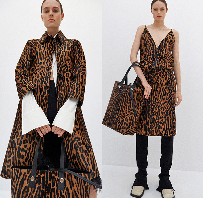 Proenza Schouler 2022 Pre-Fall Autumn Womens Lookbook Presentation - Pantsuit Blazer Jacket Asymmetrical Zebra Stripes Tiger Jaguar Coat Ostrich Feathers Plumage Fringes Hanging Sleeve Buttons Blouse Sheer Chiffon Pleats Mockneck Halterneck Curtain Neck Mesh Knit Crochet Bedazzled Stones Cutout Eyelets Trees Landscape Print Shift Dress Onesie Shirtdress Pockets Cycling Bike Shorts Wide Leg Palazzo Pants Spiky Handbag Tote Boots Loafers