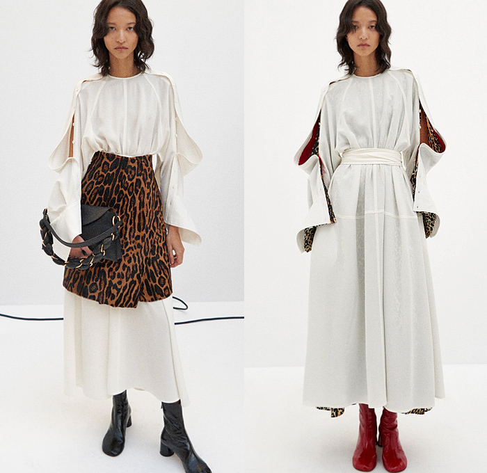 Proenza Schouler 2022 Pre-Fall Autumn Womens Lookbook Presentation - Pantsuit Blazer Jacket Asymmetrical Zebra Stripes Tiger Jaguar Coat Ostrich Feathers Plumage Fringes Hanging Sleeve Buttons Blouse Sheer Chiffon Pleats Mockneck Halterneck Curtain Neck Mesh Knit Crochet Bedazzled Stones Cutout Eyelets Trees Landscape Print Shift Dress Onesie Shirtdress Pockets Cycling Bike Shorts Wide Leg Palazzo Pants Spiky Handbag Tote Boots Loafers