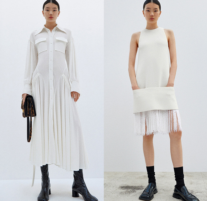 Proenza Schouler 2022 Pre-Fall Autumn Womens Lookbook Presentation - Pantsuit Blazer Jacket Asymmetrical Zebra Stripes Tiger Jaguar Coat Ostrich Feathers Plumage Fringes Hanging Sleeve Buttons Blouse Sheer Chiffon Pleats Mockneck Halterneck Curtain Neck Mesh Knit Crochet Bedazzled Stones Cutout Eyelets Trees Landscape Print Shift Dress Onesie Shirtdress Pockets Cycling Bike Shorts Wide Leg Palazzo Pants Spiky Handbag Tote Boots Loafers