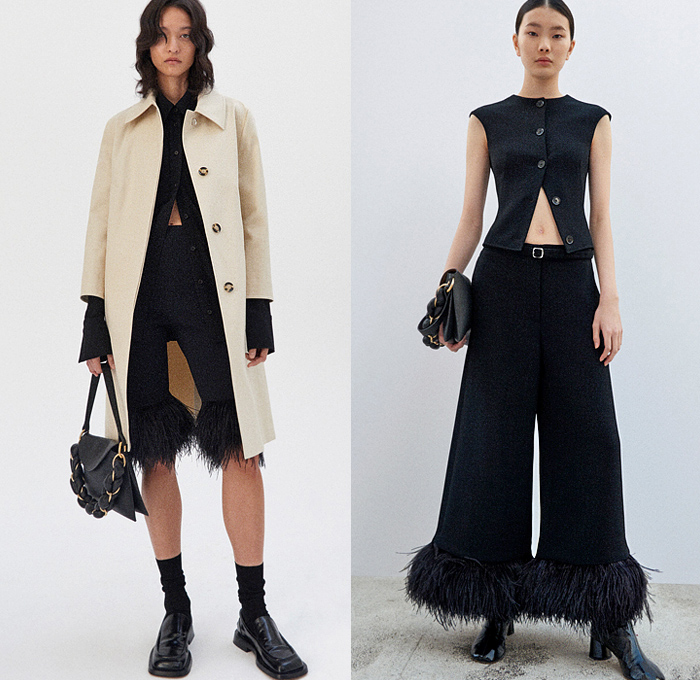 Proenza Schouler 2022 Pre-Fall Autumn Womens Lookbook Presentation - Pantsuit Blazer Jacket Asymmetrical Zebra Stripes Tiger Jaguar Coat Ostrich Feathers Plumage Fringes Hanging Sleeve Buttons Blouse Sheer Chiffon Pleats Mockneck Halterneck Curtain Neck Mesh Knit Crochet Bedazzled Stones Cutout Eyelets Trees Landscape Print Shift Dress Onesie Shirtdress Pockets Cycling Bike Shorts Wide Leg Palazzo Pants Spiky Handbag Tote Boots Loafers