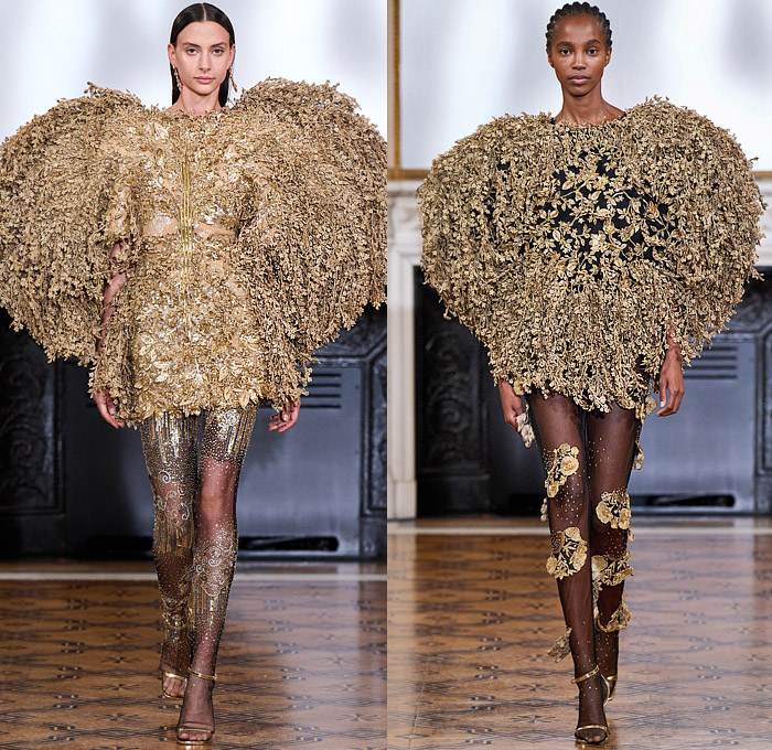 Rahul Mishra 2022-2023 Fall Autumn Winter Womens Runway Catwalk Looks - Haute Couture High Fashion - The Tree of Life - 3D Embroidery Baobab Tree Dress Gown Leaves Foliage Poppies Flowers Floral Bedazzled Sequins Golden Thread Kundan Beads Cords Cumulus Clouds Bustier Navbhumi Halterneck Branches Stockings Swirls Leg O'Mutton Sleeves Leotard Onesie Scales Tiered Sheer Tulle Poufy Shoulders Bralette Wide Leg Crop Top Balaclava Blazerdress House Animals Cutout Noodle Strap Heels