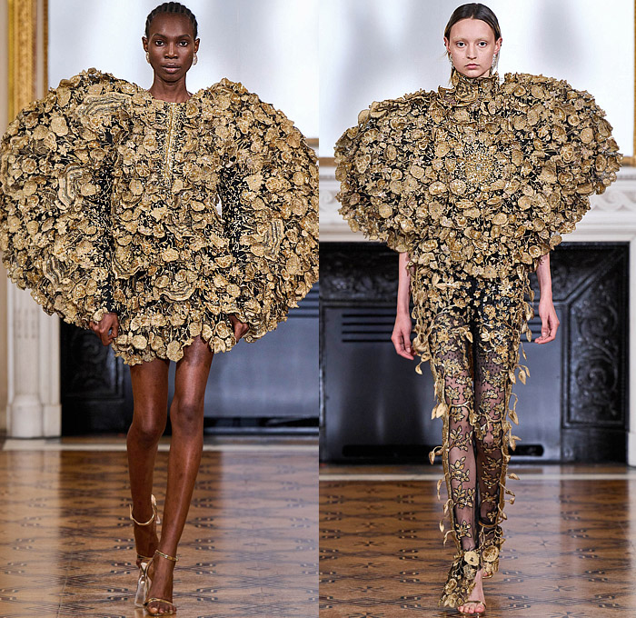 Rahul Mishra 2022-2023 Fall Autumn Winter Womens Runway Catwalk Looks - Haute Couture High Fashion - The Tree of Life - 3D Embroidery Baobab Tree Dress Gown Leaves Foliage Poppies Flowers Floral Bedazzled Sequins Golden Thread Kundan Beads Cords Cumulus Clouds Bustier Navbhumi Halterneck Branches Stockings Swirls Leg O'Mutton Sleeves Leotard Onesie Scales Tiered Sheer Tulle Poufy Shoulders Bralette Wide Leg Crop Top Balaclava Blazerdress House Animals Cutout Noodle Strap Heels