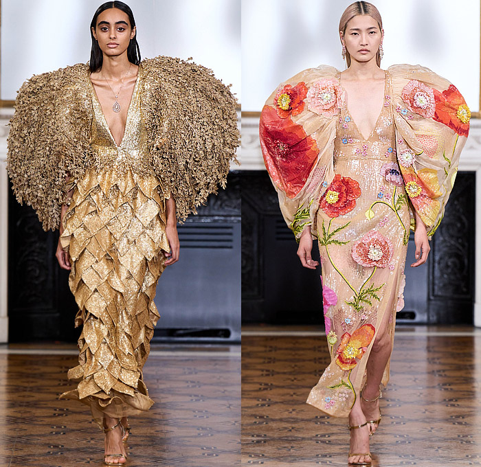 Rahul Mishra 2022-2023 Fall Autumn Winter Womens Runway Catwalk Looks - Haute Couture High Fashion - The Tree of Life - 3D Embroidery Baobab Tree Dress Gown Leaves Foliage Poppies Flowers Floral Bedazzled Sequins Golden Thread Kundan Beads Cords Cumulus Clouds Bustier Navbhumi Halterneck Branches Stockings Swirls Leg O'Mutton Sleeves Leotard Onesie Scales Tiered Sheer Tulle Poufy Shoulders Bralette Wide Leg Crop Top Balaclava Blazerdress House Animals Cutout Noodle Strap Heels