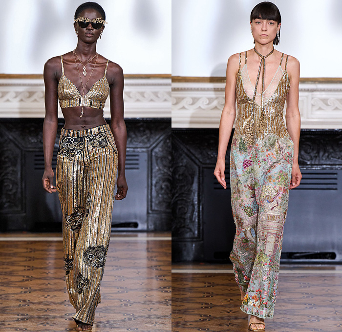 Rahul Mishra 2022-2023 Fall Autumn Winter Womens Runway Catwalk Looks - Haute Couture High Fashion - The Tree of Life - 3D Embroidery Baobab Tree Dress Gown Leaves Foliage Poppies Flowers Floral Bedazzled Sequins Golden Thread Kundan Beads Cords Cumulus Clouds Bustier Navbhumi Halterneck Branches Stockings Swirls Leg O'Mutton Sleeves Leotard Onesie Scales Tiered Sheer Tulle Poufy Shoulders Bralette Wide Leg Crop Top Balaclava Blazerdress House Animals Cutout Noodle Strap Heels