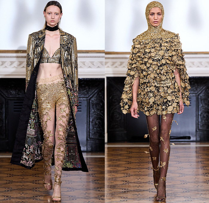 Rahul Mishra 2022-2023 Fall Autumn Winter Womens Runway Catwalk Looks - Haute Couture High Fashion - The Tree of Life - 3D Embroidery Baobab Tree Dress Gown Leaves Foliage Poppies Flowers Floral Bedazzled Sequins Golden Thread Kundan Beads Cords Cumulus Clouds Bustier Navbhumi Halterneck Branches Stockings Swirls Leg O'Mutton Sleeves Leotard Onesie Scales Tiered Sheer Tulle Poufy Shoulders Bralette Wide Leg Crop Top Balaclava Blazerdress House Animals Cutout Noodle Strap Heels