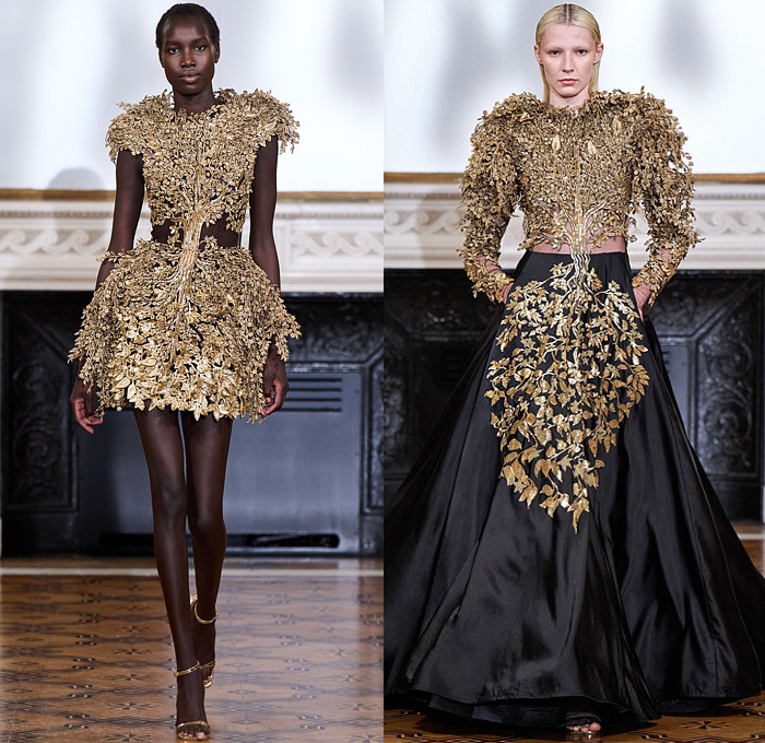 Rahul Mishra 2022-2023 Fall Autumn Winter Womens Runway Catwalk Looks - Haute Couture High Fashion - The Tree of Life - 3D Embroidery Baobab Tree Dress Gown Leaves Foliage Poppies Flowers Floral Bedazzled Sequins Golden Thread Kundan Beads Cords Cumulus Clouds Bustier Navbhumi Halterneck Branches Stockings Swirls Leg O'Mutton Sleeves Leotard Onesie Scales Tiered Sheer Tulle Poufy Shoulders Bralette Wide Leg Crop Top Balaclava Blazerdress House Animals Cutout Noodle Strap Heels