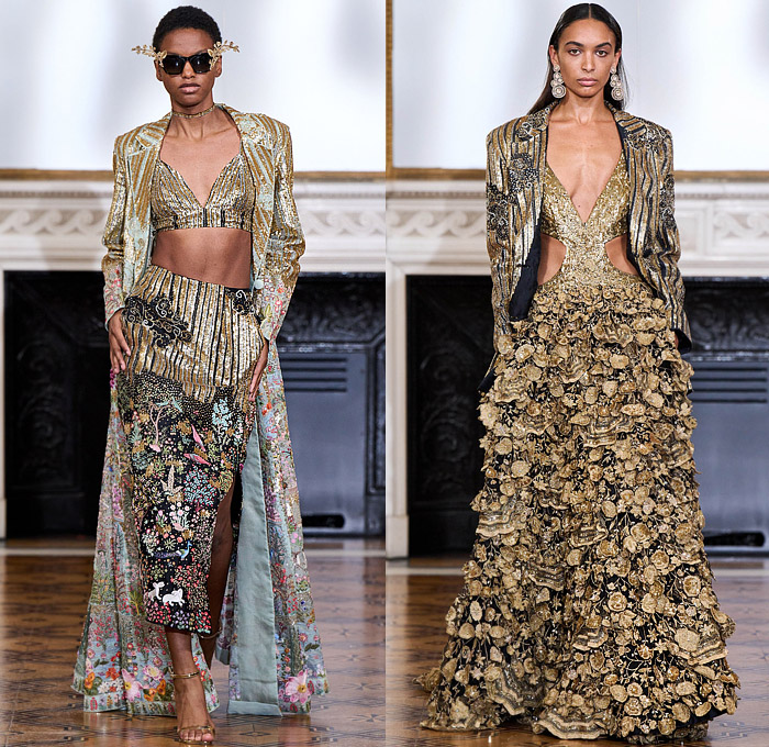 Rahul Mishra 2022-2023 Fall Autumn Winter Womens Runway Catwalk Looks - Haute Couture High Fashion - The Tree of Life - 3D Embroidery Baobab Tree Dress Gown Leaves Foliage Poppies Flowers Floral Bedazzled Sequins Golden Thread Kundan Beads Cords Cumulus Clouds Bustier Navbhumi Halterneck Branches Stockings Swirls Leg O'Mutton Sleeves Leotard Onesie Scales Tiered Sheer Tulle Poufy Shoulders Bralette Wide Leg Crop Top Balaclava Blazerdress House Animals Cutout Noodle Strap Heels