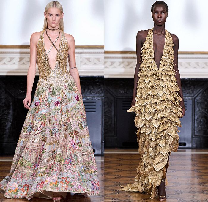 Rahul Mishra 2022-2023 Fall Autumn Winter Womens Runway Catwalk Looks - Haute Couture High Fashion - The Tree of Life - 3D Embroidery Baobab Tree Dress Gown Leaves Foliage Poppies Flowers Floral Bedazzled Sequins Golden Thread Kundan Beads Cords Cumulus Clouds Bustier Navbhumi Halterneck Branches Stockings Swirls Leg O'Mutton Sleeves Leotard Onesie Scales Tiered Sheer Tulle Poufy Shoulders Bralette Wide Leg Crop Top Balaclava Blazerdress House Animals Cutout Noodle Strap Heels