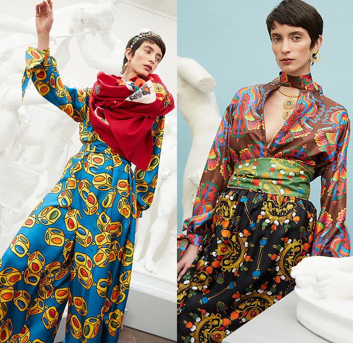 Rianna + Nina 2022-2023 Fall Autumn Winter Womens Lookbook Presentation - Knit Sweater Patchwork Tied Twist Vase Ornaments Decorative Art Ruffles Frills Long Sleeve Blouse Scarf Shawl Cubes Gems Quilted Kimono Robe Coat Stripes Rags Wrapped Caftan Kaftan Maxi Dress Wide Leg Palazzo Pants Pantsuit Onesie Jumpsuit Coveralls Boots Tiara