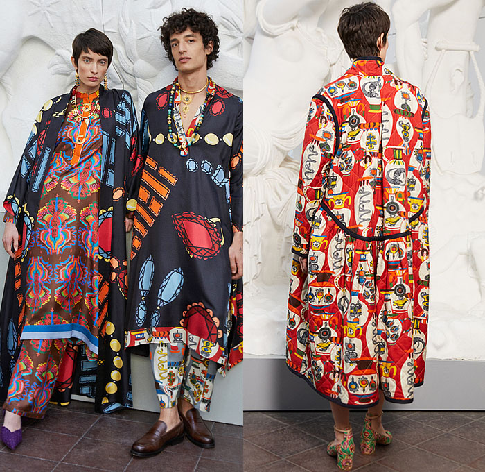 Rianna + Nina 2022-2023 Fall Autumn Winter Womens Lookbook Presentation - Knit Sweater Patchwork Tied Twist Vase Ornaments Decorative Art Ruffles Frills Long Sleeve Blouse Scarf Shawl Cubes Gems Quilted Kimono Robe Coat Stripes Rags Wrapped Caftan Kaftan Maxi Dress Wide Leg Palazzo Pants Pantsuit Onesie Jumpsuit Coveralls Boots Tiara