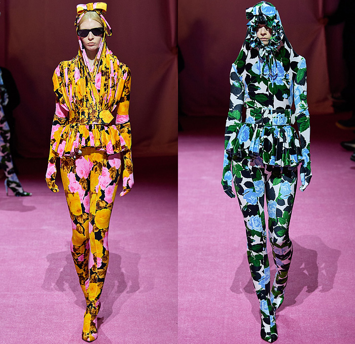 Richard Quinn 2022-2023 Fall Autumn Winter Womens Runway Catwalk Looks - London Fashion Week Collections UK - Puff Ball Poufy Shoulders Silk Satin Flowers Floral Latex Ribbons Bows Drawstring Hood Burqa Wrap Pleats Ruffles Frills Tiered Asymmetrical Embroidery Sequins Scales Paillettes Cape Coat Oversized Houndstooth Polka Dots Feathers Strapless Maxi Dress Gown Cinch Velvet Quilted Leggings Tights Peplum Wide Leg Draped Train Gloves Wide Brim Hat Peephole Round Suitcase Luggage Bag