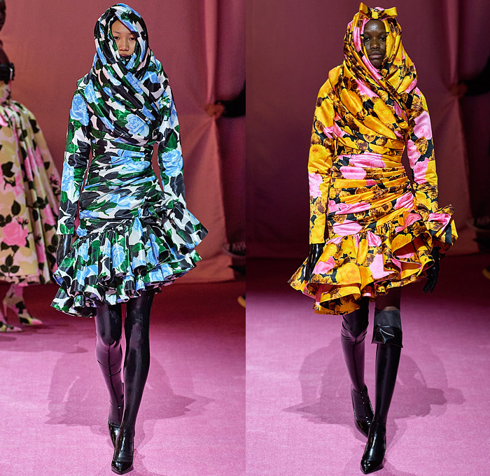 Richard Quinn 2022-2023 Fall Autumn Winter Womens Runway Catwalk Looks - London Fashion Week Collections UK - Puff Ball Poufy Shoulders Silk Satin Flowers Floral Latex Ribbons Bows Drawstring Hood Burqa Wrap Pleats Ruffles Frills Tiered Asymmetrical Embroidery Sequins Scales Paillettes Cape Coat Oversized Houndstooth Polka Dots Feathers Strapless Maxi Dress Gown Cinch Velvet Quilted Leggings Tights Peplum Wide Leg Draped Train Gloves Wide Brim Hat Peephole Round Suitcase Luggage Bag