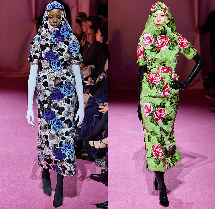 Richard Quinn 2022-2023 Fall Autumn Winter Womens Runway Catwalk Looks - London Fashion Week Collections UK - Puff Ball Poufy Shoulders Silk Satin Flowers Floral Latex Ribbons Bows Drawstring Hood Burqa Wrap Pleats Ruffles Frills Tiered Asymmetrical Embroidery Sequins Scales Paillettes Cape Coat Oversized Houndstooth Polka Dots Feathers Strapless Maxi Dress Gown Cinch Velvet Quilted Leggings Tights Peplum Wide Leg Draped Train Gloves Wide Brim Hat Peephole Round Suitcase Luggage Bag