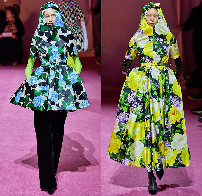 Richard Quinn 2022-2023 Fall Autumn Winter Womens Runway Catwalk Looks - London Fashion Week Collections UK - Puff Ball Poufy Shoulders Silk Satin Flowers Floral Latex Ribbons Bows Drawstring Hood Burqa Wrap Pleats Ruffles Frills Tiered Asymmetrical Embroidery Sequins Scales Paillettes Cape Coat Oversized Houndstooth Polka Dots Feathers Strapless Maxi Dress Gown Cinch Velvet Quilted Leggings Tights Peplum Wide Leg Draped Train Gloves Wide Brim Hat Peephole Round Suitcase Luggage Bag