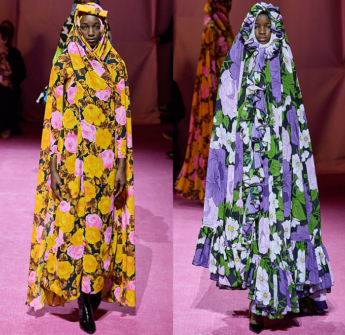 Richard Quinn 2022-2023 Fall Autumn Winter Womens Runway Catwalk Looks - London Fashion Week Collections UK - Puff Ball Poufy Shoulders Silk Satin Flowers Floral Latex Ribbons Bows Drawstring Hood Burqa Wrap Pleats Ruffles Frills Tiered Asymmetrical Embroidery Sequins Scales Paillettes Cape Coat Oversized Houndstooth Polka Dots Feathers Strapless Maxi Dress Gown Cinch Velvet Quilted Leggings Tights Peplum Wide Leg Draped Train Gloves Wide Brim Hat Peephole Round Suitcase Luggage Bag