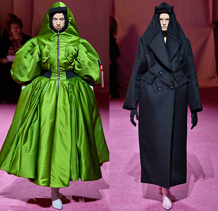 Richard Quinn 2022-2023 Fall Autumn Winter Womens Runway Catwalk Looks - London Fashion Week Collections UK - Puff Ball Poufy Shoulders Silk Satin Flowers Floral Latex Ribbons Bows Drawstring Hood Burqa Wrap Pleats Ruffles Frills Tiered Asymmetrical Embroidery Sequins Scales Paillettes Cape Coat Oversized Houndstooth Polka Dots Feathers Strapless Maxi Dress Gown Cinch Velvet Quilted Leggings Tights Peplum Wide Leg Draped Train Gloves Wide Brim Hat Peephole Round Suitcase Luggage Bag