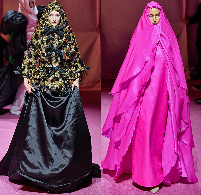 Richard Quinn 2022-2023 Fall Autumn Winter Womens Runway Catwalk Looks - London Fashion Week Collections UK - Puff Ball Poufy Shoulders Silk Satin Flowers Floral Latex Ribbons Bows Drawstring Hood Burqa Wrap Pleats Ruffles Frills Tiered Asymmetrical Embroidery Sequins Scales Paillettes Cape Coat Oversized Houndstooth Polka Dots Feathers Strapless Maxi Dress Gown Cinch Velvet Quilted Leggings Tights Peplum Wide Leg Draped Train Gloves Wide Brim Hat Peephole Round Suitcase Luggage Bag