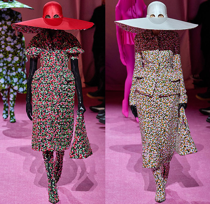 Richard Quinn 2022-2023 Fall Autumn Winter Womens Runway Catwalk Looks - London Fashion Week Collections UK - Puff Ball Poufy Shoulders Silk Satin Flowers Floral Latex Ribbons Bows Drawstring Hood Burqa Wrap Pleats Ruffles Frills Tiered Asymmetrical Embroidery Sequins Scales Paillettes Cape Coat Oversized Houndstooth Polka Dots Feathers Strapless Maxi Dress Gown Cinch Velvet Quilted Leggings Tights Peplum Wide Leg Draped Train Gloves Wide Brim Hat Peephole Round Suitcase Luggage Bag