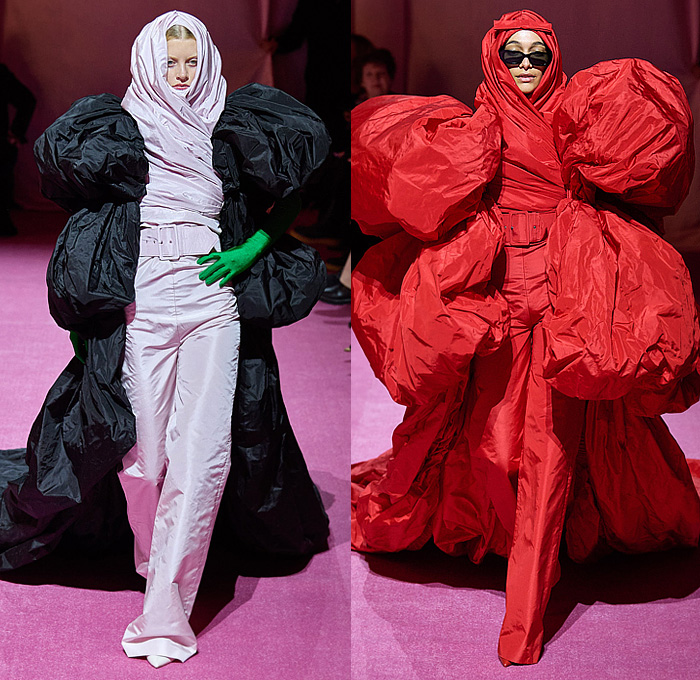 Richard Quinn 2022-2023 Fall Autumn Winter Womens Runway Catwalk Looks - London Fashion Week Collections UK - Puff Ball Poufy Shoulders Silk Satin Flowers Floral Latex Ribbons Bows Drawstring Hood Burqa Wrap Pleats Ruffles Frills Tiered Asymmetrical Embroidery Sequins Scales Paillettes Cape Coat Oversized Houndstooth Polka Dots Feathers Strapless Maxi Dress Gown Cinch Velvet Quilted Leggings Tights Peplum Wide Leg Draped Train Gloves Wide Brim Hat Peephole Round Suitcase Luggage Bag