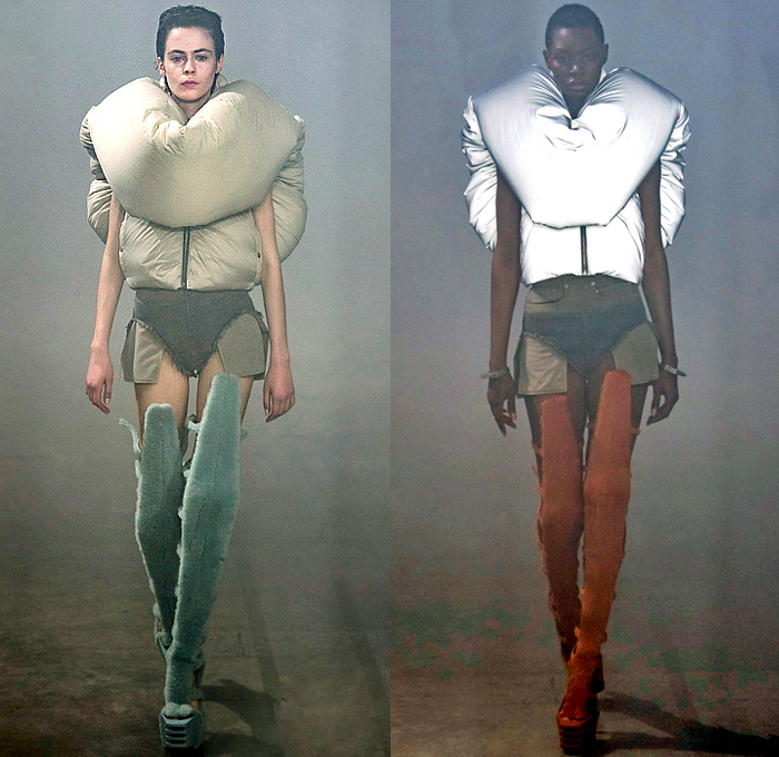 Rick Owens 2022-2023 Fall Autumn Winter Womens Runway Catwalk Looks - Paris Fashion Week Femme PFW - Strobe Mantle Tunic Cowl Hood Quilted Puffer Pillow Vest Tabard Snakeskin Python Pirarucu Fish Velvet Shearling Fur Sharp Frankenstein Shoulders Theda Bara Coat Parka Retroflective Destroyed Destructed Denim Jeans Shorts Cutoffs Full Skirt Bodycon Wrap Dress Gown Elongated Hem Frayed Fringes Knit Sweater Strapless Draped Bedazzled Sequins Cape Tied Metal Cap Toe Boots Gloves