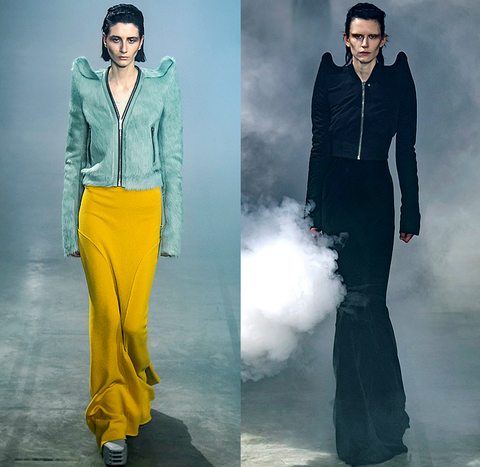 Rick Owens 2022-2023 Fall Autumn Winter Womens Runway Catwalk Looks - Paris Fashion Week Femme PFW - Strobe Mantle Tunic Cowl Hood Quilted Puffer Pillow Vest Tabard Snakeskin Python Pirarucu Fish Velvet Shearling Fur Sharp Frankenstein Shoulders Theda Bara Coat Parka Retroflective Destroyed Destructed Denim Jeans Shorts Cutoffs Full Skirt Bodycon Wrap Dress Gown Elongated Hem Frayed Fringes Knit Sweater Strapless Draped Bedazzled Sequins Cape Tied Metal Cap Toe Boots Gloves