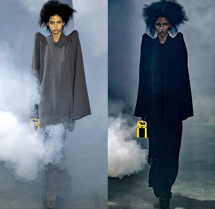 Rick Owens 2022-2023 Fall Autumn Winter Womens Runway Catwalk Looks - Paris Fashion Week Femme PFW - Strobe Mantle Tunic Cowl Hood Quilted Puffer Pillow Vest Tabard Snakeskin Python Pirarucu Fish Velvet Shearling Fur Sharp Frankenstein Shoulders Theda Bara Coat Parka Retroflective Destroyed Destructed Denim Jeans Shorts Cutoffs Full Skirt Bodycon Wrap Dress Gown Elongated Hem Frayed Fringes Knit Sweater Strapless Draped Bedazzled Sequins Cape Tied Metal Cap Toe Boots Gloves