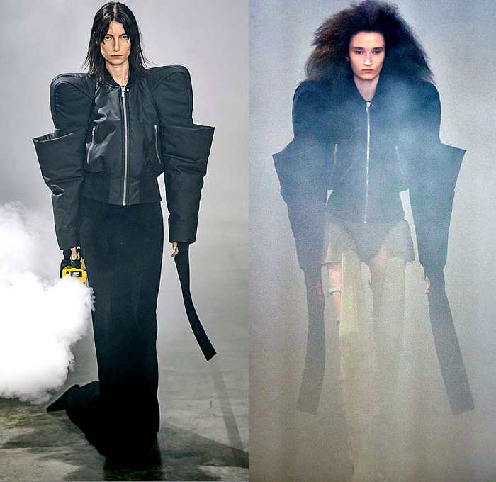 Rick Owens 2022-2023 Fall Autumn Winter Womens Runway Catwalk Looks - Paris Fashion Week Femme PFW - Strobe Mantle Tunic Cowl Hood Quilted Puffer Pillow Vest Tabard Snakeskin Python Pirarucu Fish Velvet Shearling Fur Sharp Frankenstein Shoulders Theda Bara Coat Parka Retroflective Destroyed Destructed Denim Jeans Shorts Cutoffs Full Skirt Bodycon Wrap Dress Gown Elongated Hem Frayed Fringes Knit Sweater Strapless Draped Bedazzled Sequins Cape Tied Metal Cap Toe Boots Gloves