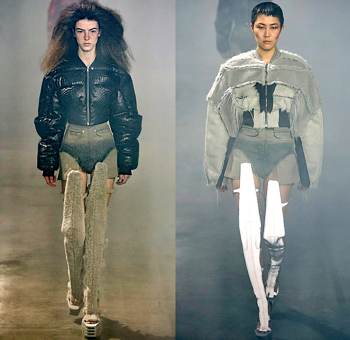 Rick Owens 2022-2023 Fall Autumn Winter Womens Runway Catwalk Looks - Paris Fashion Week Femme PFW - Strobe Mantle Tunic Cowl Hood Quilted Puffer Pillow Vest Tabard Snakeskin Python Pirarucu Fish Velvet Shearling Fur Sharp Frankenstein Shoulders Theda Bara Coat Parka Retroflective Destroyed Destructed Denim Jeans Shorts Cutoffs Full Skirt Bodycon Wrap Dress Gown Elongated Hem Frayed Fringes Knit Sweater Strapless Draped Bedazzled Sequins Cape Tied Metal Cap Toe Boots Gloves